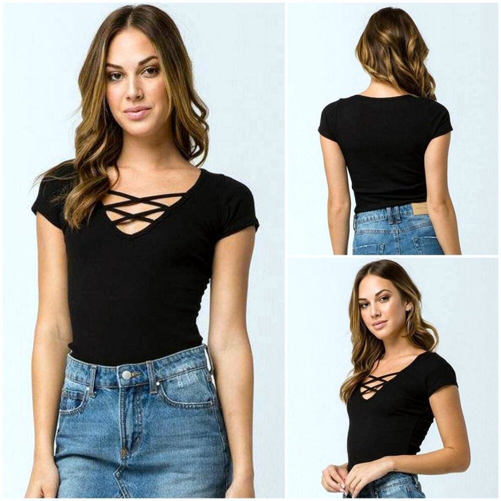 Tee Shirt. Top. Criss Cross Details. Black. Bozzolo Brand. NWT. - Picture 2 of 2